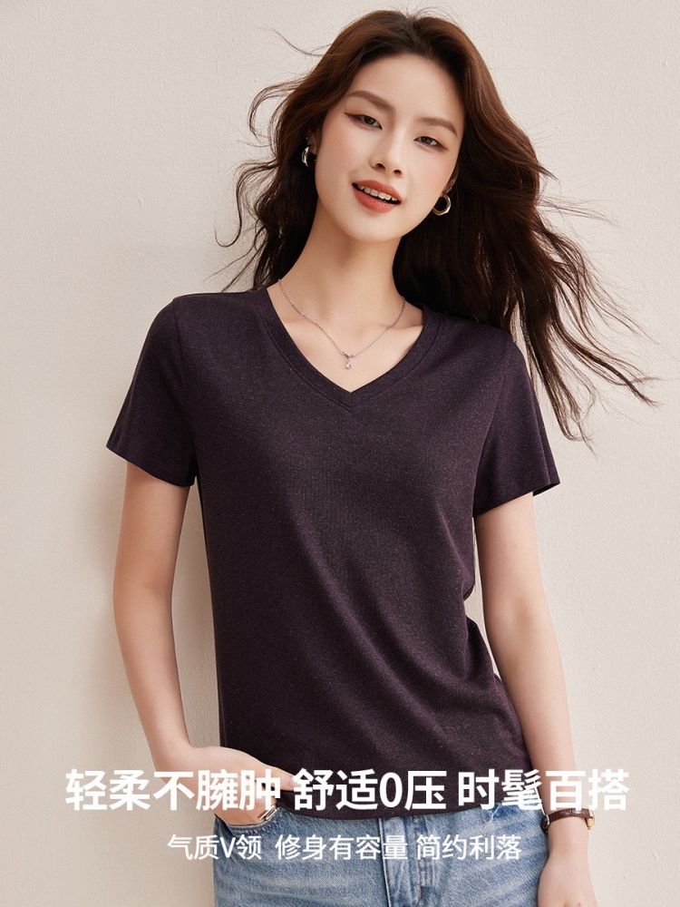 【天丝亚麻】修娴清爽V领T恤M682·烟松灰