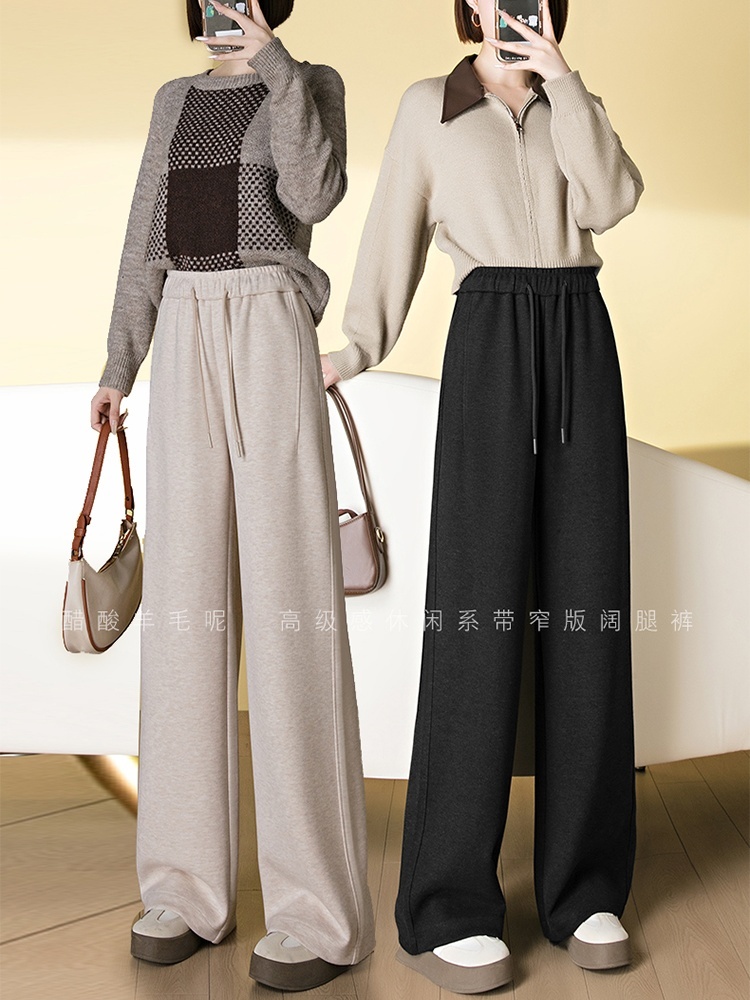 【大牌代工厂出品】和顺圣秋冬加厚羊毛呢系带阔腿裤3075·米杏色