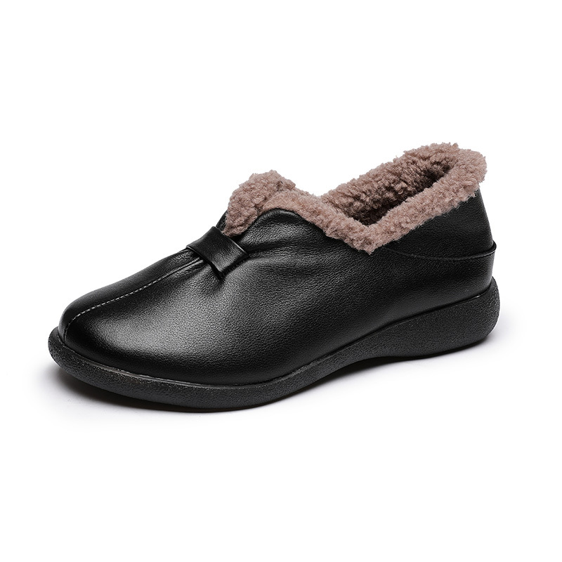 ANYMANNER冬季新款羊毛加绒保暖一脚蹬真皮懒人奶奶鞋·1518-黑色