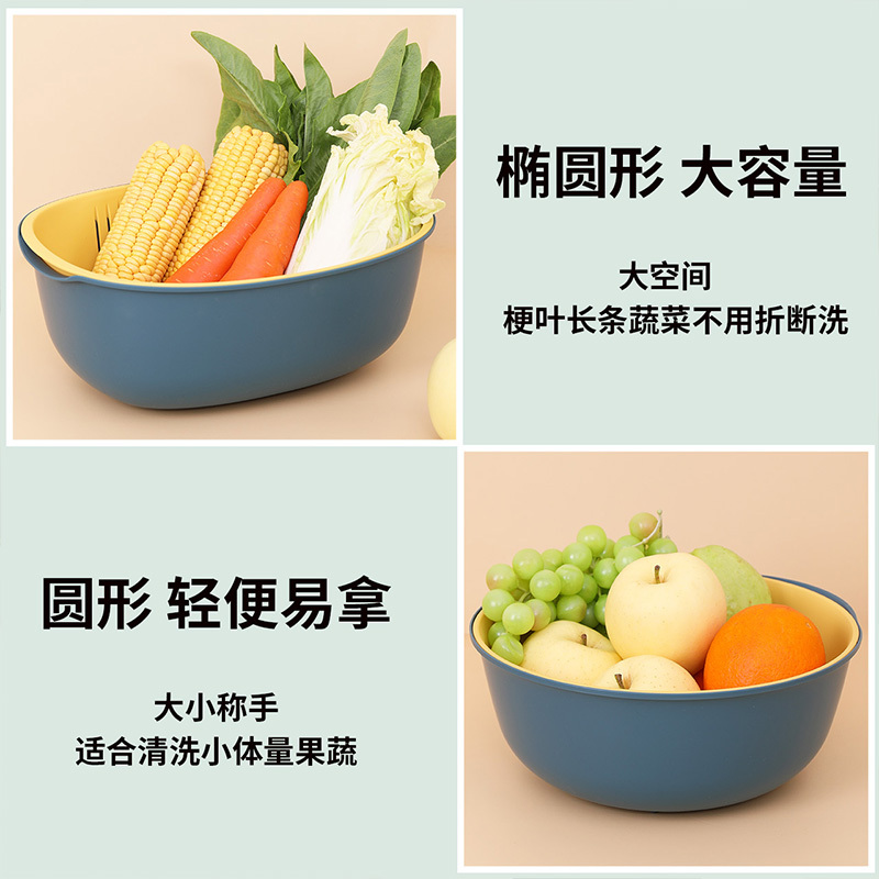 CHARZINSKI查金世家 双层家用圆形菜篮子厨房水果篮洗菜盆沥水篮3.5L·黄+蓝