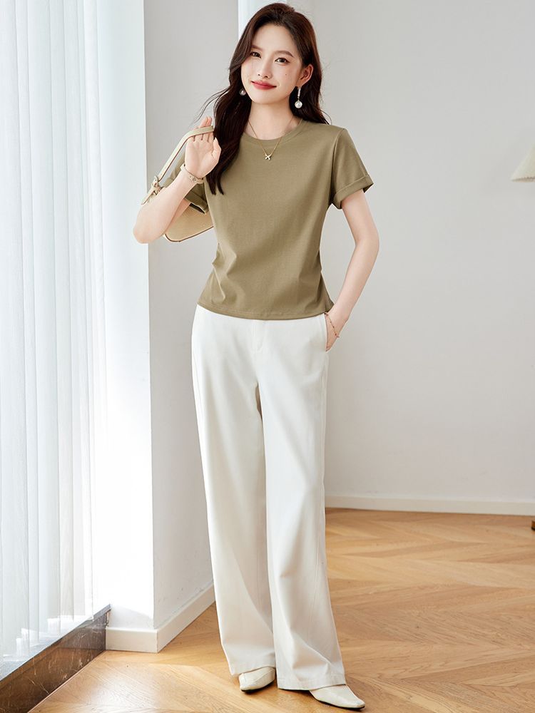 【92精梳棉】轩凌子收腰卷边袖口短袖T恤XS82520210·奶杏色