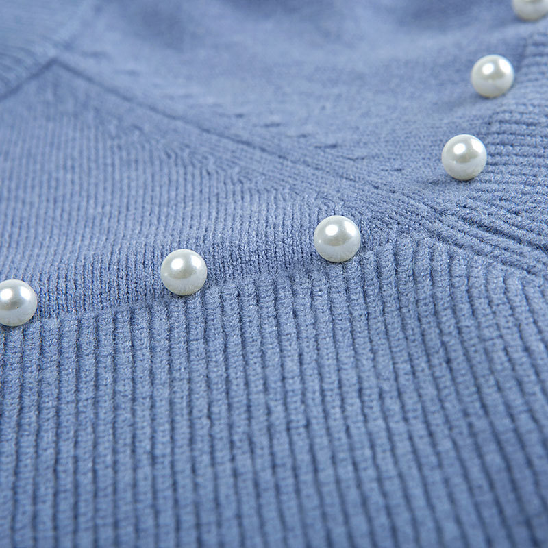 瑅艾圆领灯笼袖纯色钉珠针织毛衣裙（3色可选）·蓝色