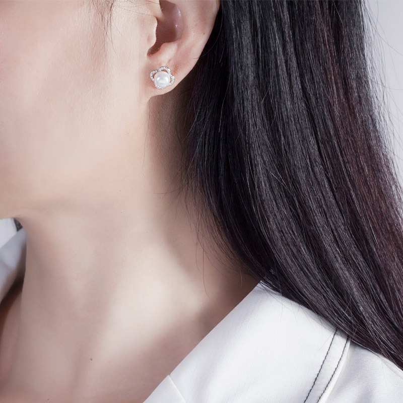 兆亮珠宝 天然淡水珍珠耳钉女时尚百搭新款耳环s925耳饰·白色
