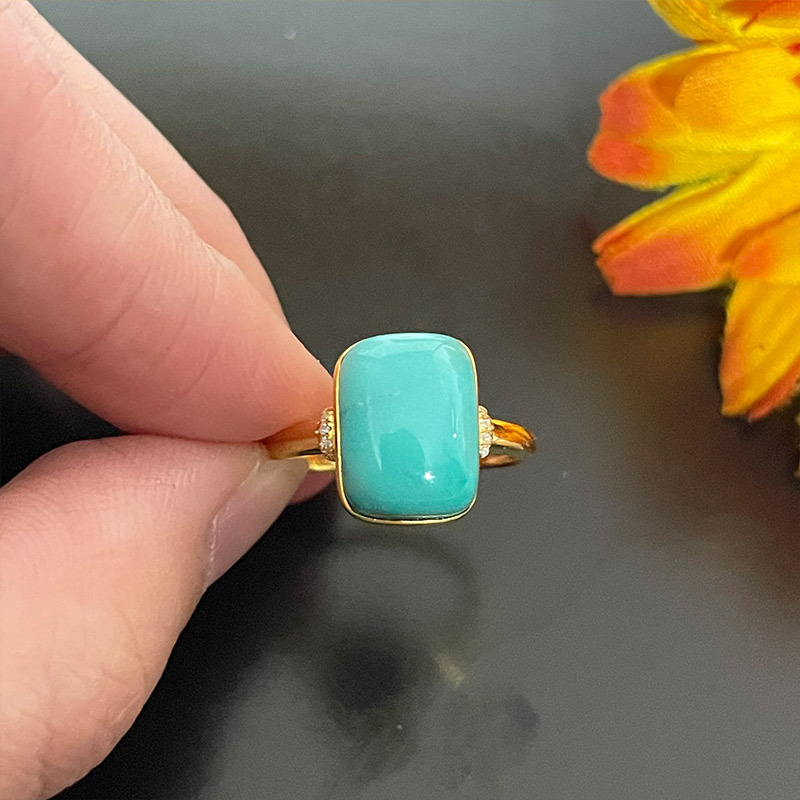 曼丽翠18k金镶钻蓝绿色绿松石方形包镶戒指