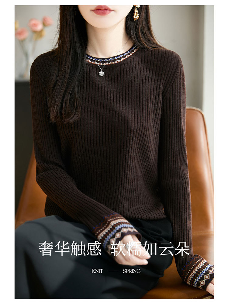 【爆款特价】精纺羊毛复古提花坑条显瘦百搭毛衣·深咖色