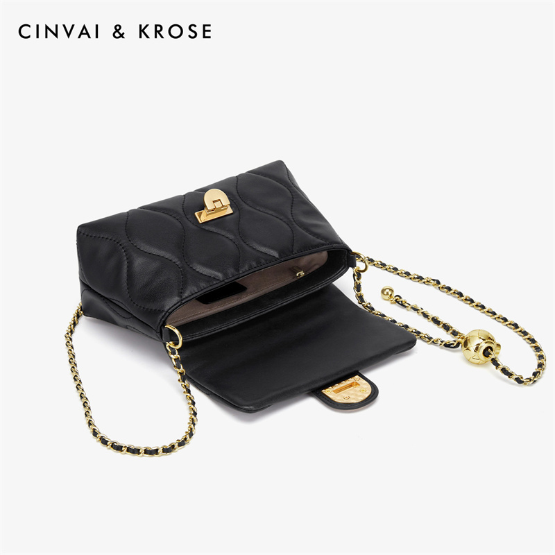 CinvaiKrose 包包新款链条牛皮斜挎包女爆款单肩包女包B6307·黑色