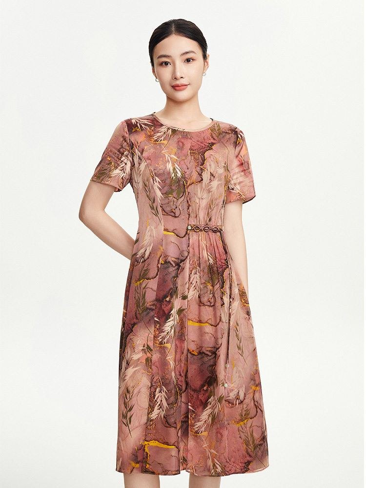 伊俪佳人山水国画桑蚕丝连衣裙·橡皮红