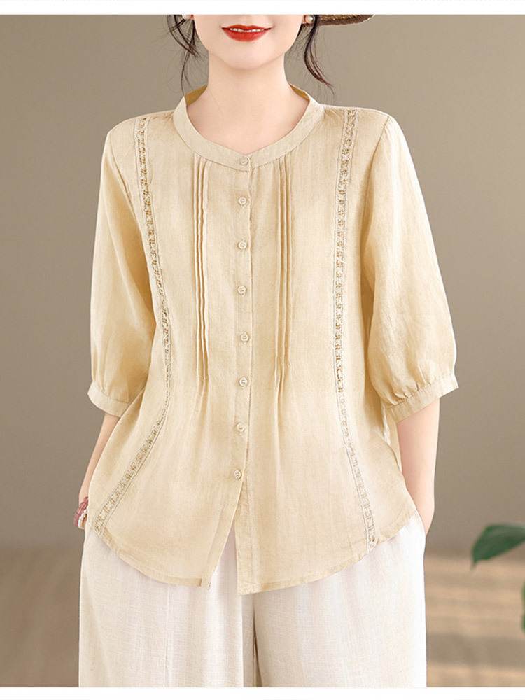 棉麻镂空刺绣文艺减龄宽松显瘦七分袖上衣·桔色