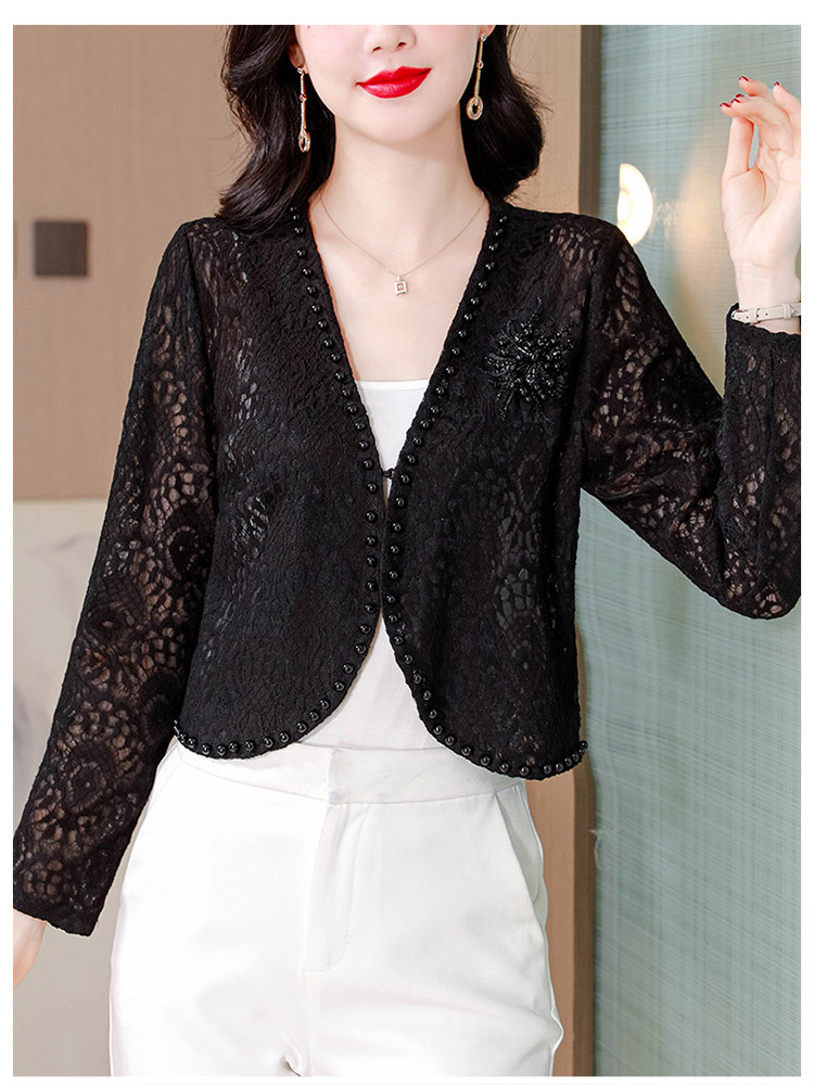 新款小香风蕾丝提花钉珠时尚百搭小外套·黑色