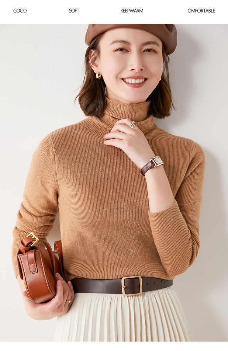 宝娜斯针织衫女高领毛衣内搭修身显瘦精纺堆堆领打底衫hmn2138金驼色