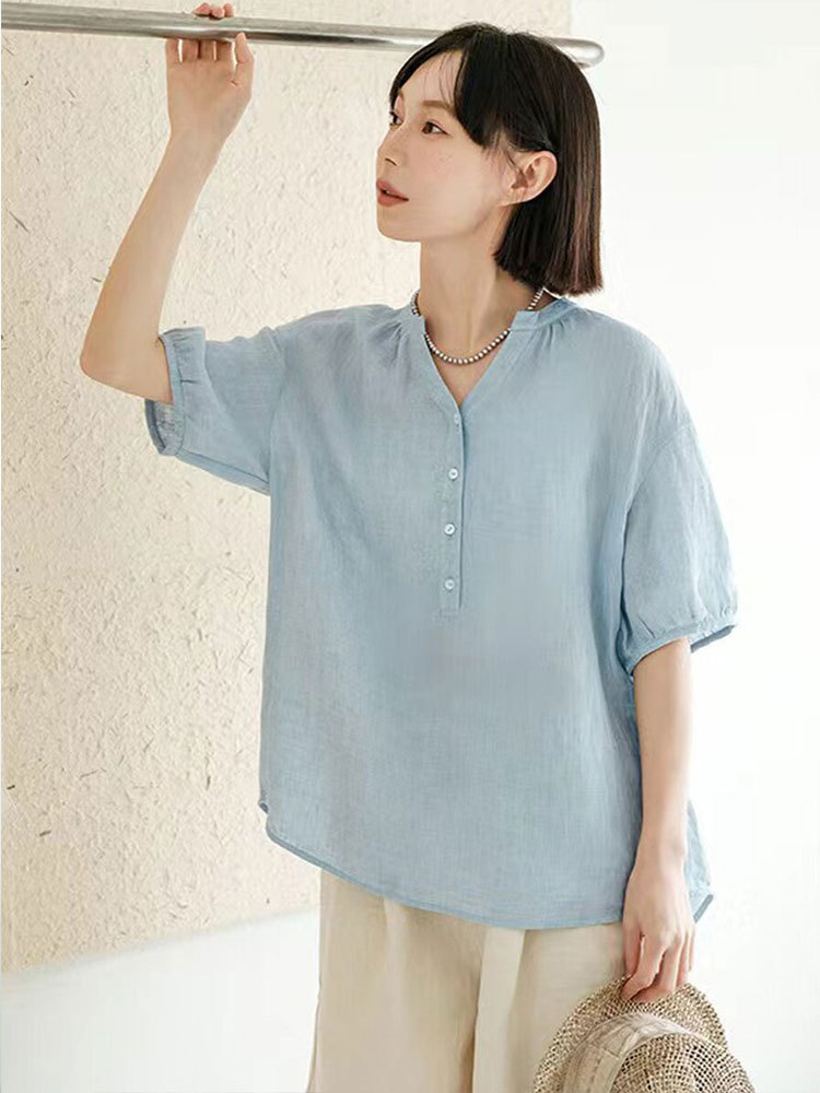 【新款特价】棉麻透气文艺复古宽松显瘦百搭上衣·蓝色