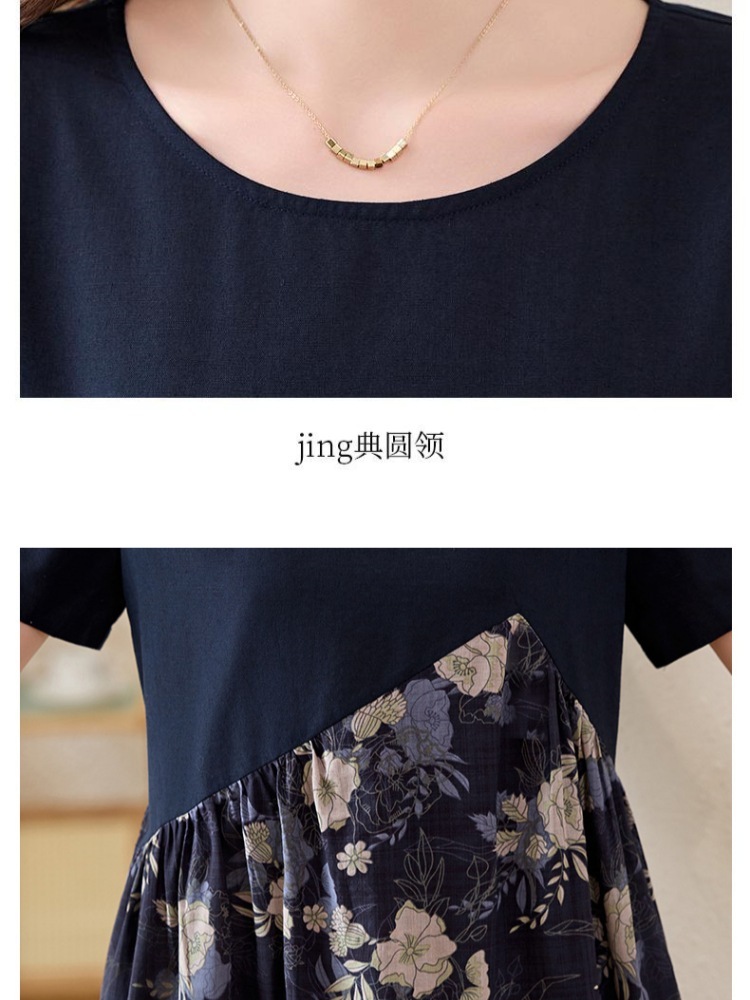 布客棉麻拼接印花宽松连衣裙BKZYF8821·藏青色