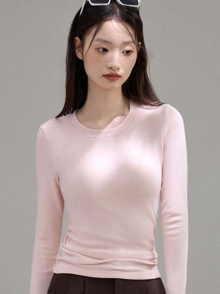 雀说 优可丝薄绒磨毛圆领打底衫女秋冬长袖T恤26702·樱草粉