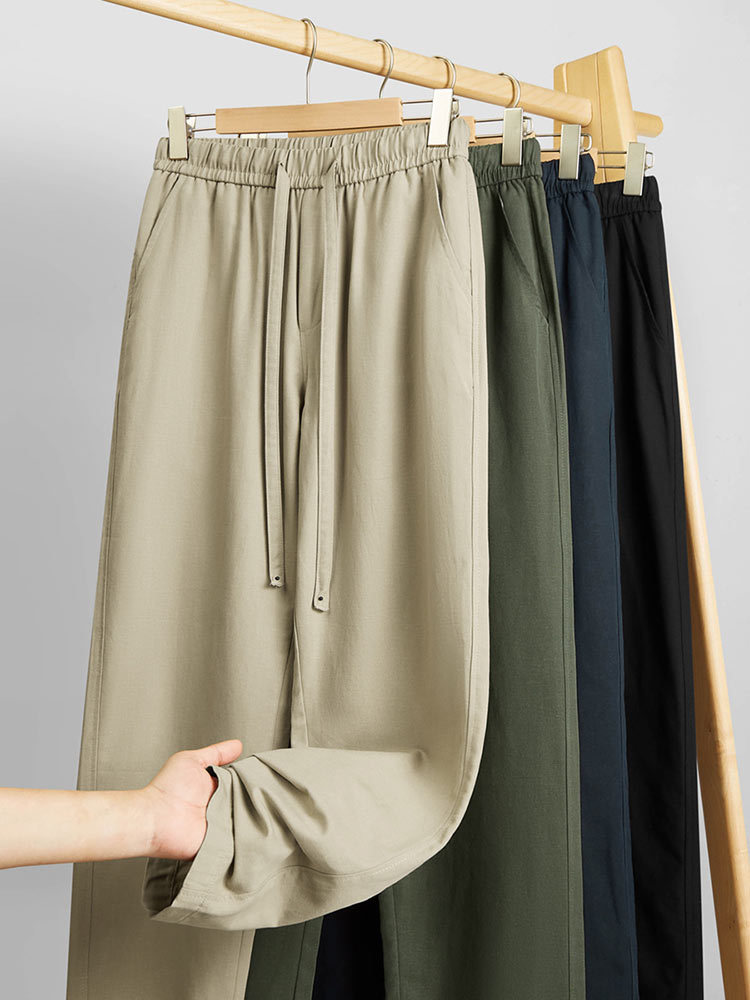 天丝棉麻松紧腰抽绳宽松男士直筒裤CK103#·藏青色