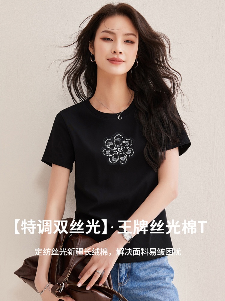 【80S丝光长绒棉】修娴重工亮丝花朵钉珠刺绣T恤W45·白色