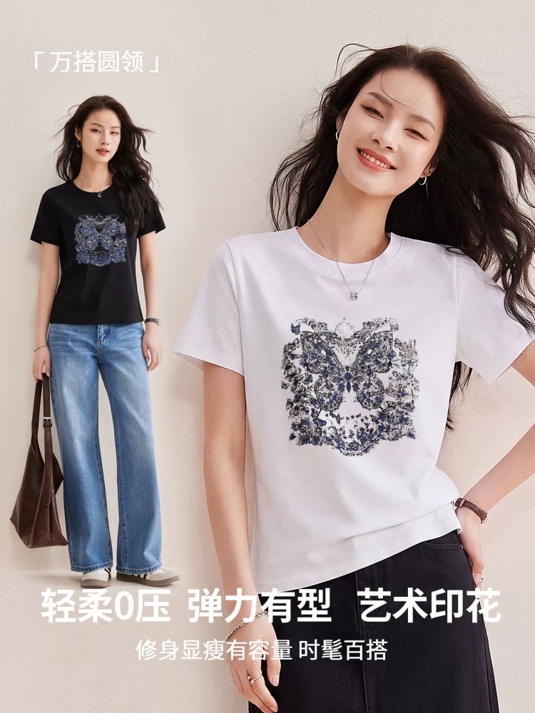 【80支丝光棉】修娴青花瓷蝴蝶艺术印花T恤W119·白色