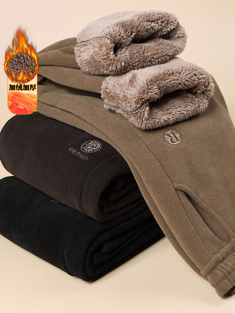 【爆款清仓/特厚加绒】高腰刺绣北极绒保暖防风口袋休闲裤·黑色