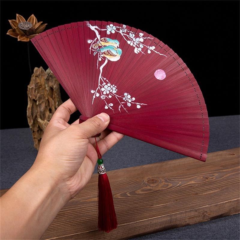 百年许氏 中国风全竹镂空彩绘雕刻手工折扇·酒红色花鸟