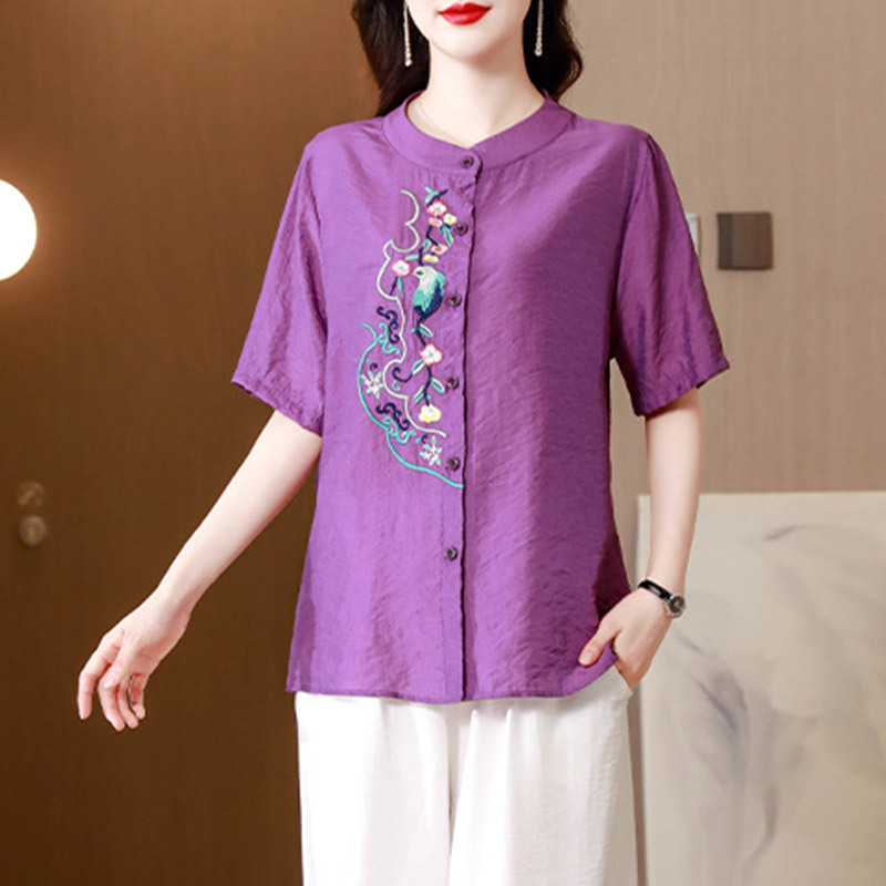 棉麻开扣刺绣宽松显瘦时尚减龄短袖衬衣·紫色