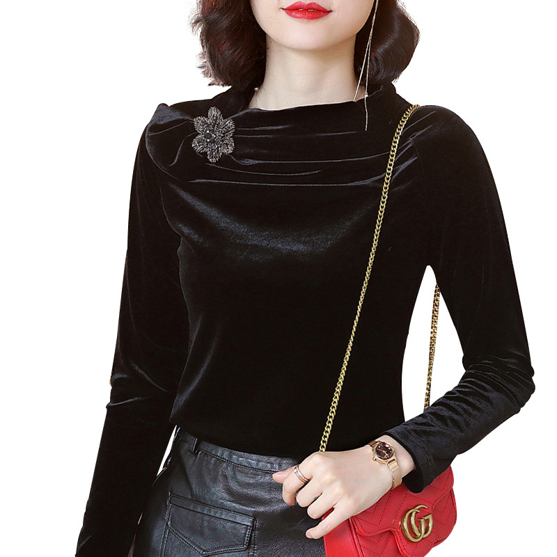 丁摩    金丝绒上衣女秋季新款设计感小众立领黑色打底衫修身长袖T恤19-161·黑色