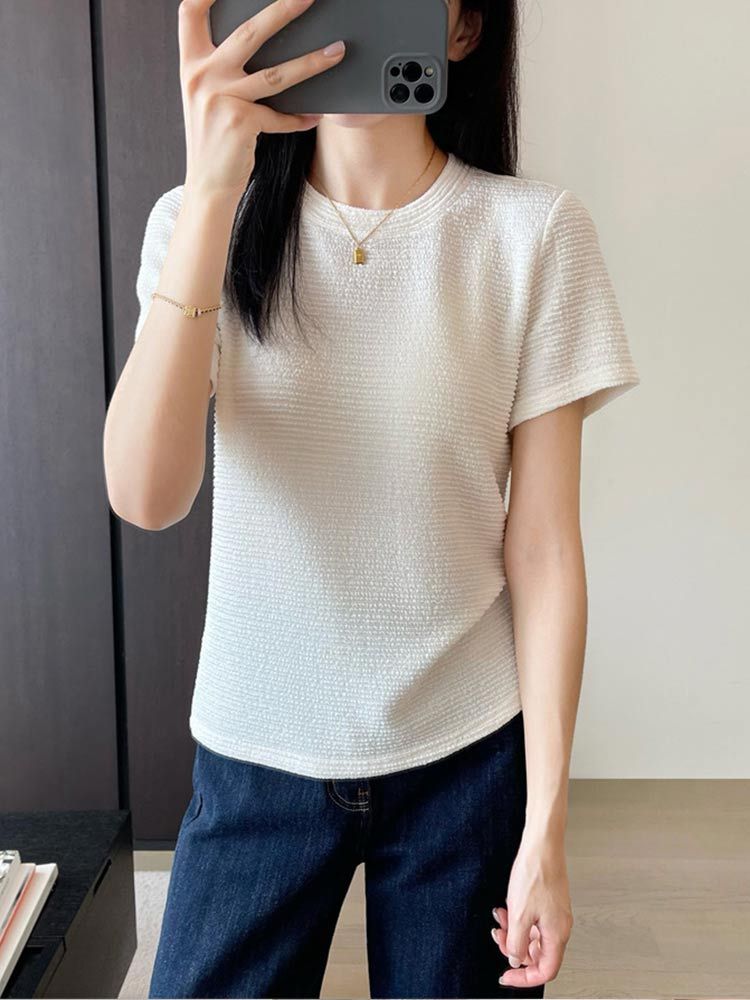 婵阅专柜高货岛国醋酸细褶皱极简风小圆领百搭显瘦直筒短袖T恤·黑色