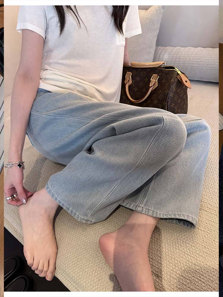 婵阅专柜高货重工网格提花肌理感牛仔裤女春季莱赛尔棉百搭直筒裤·6005-蓝色