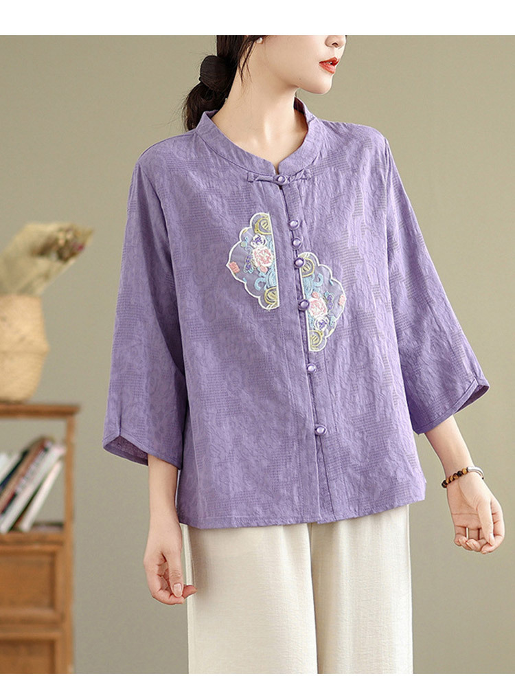 棉麻刺绣复古盘扣气质显瘦上衣·粉色上衣