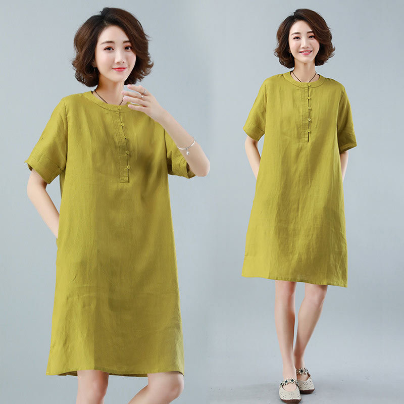 漫丽依新款纯亚麻宽松女连衣裙·绿色 1990--设计师风格！简约时尚！穿出高级感！