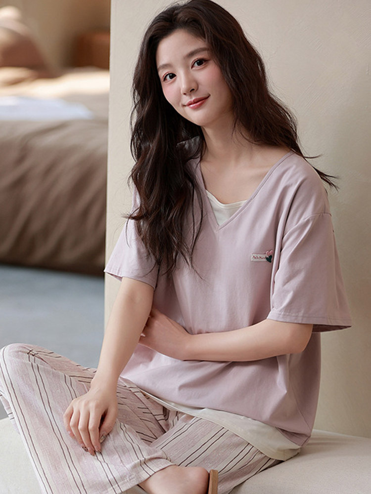 丁摩 【带胸垫】纯棉睡衣女款夏季短袖长裤家居服·L33028