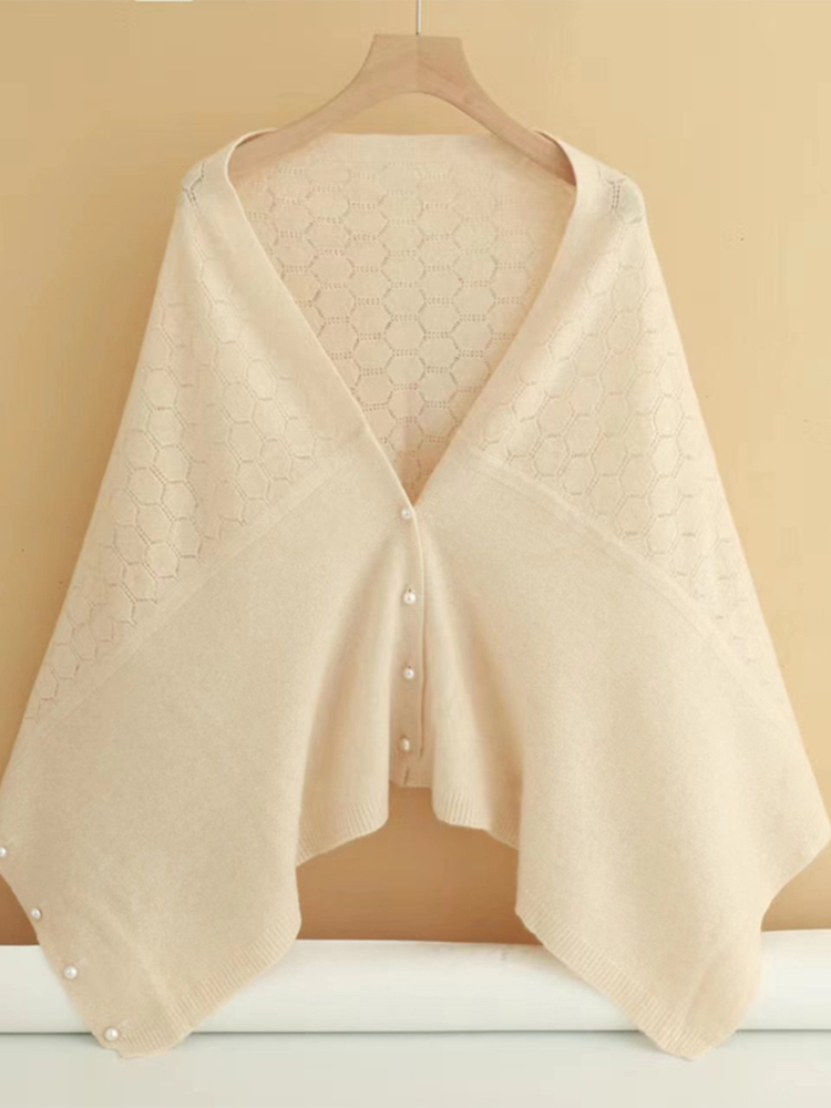 丁摩100澳洲羊毛珍珠扣镂空大披肩YL08 H·青绒色