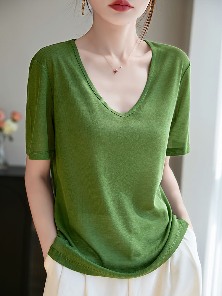 【爆款特价】凉爽透气莱赛尔天丝宽松舒适简约百搭上衣·V领-经典黑