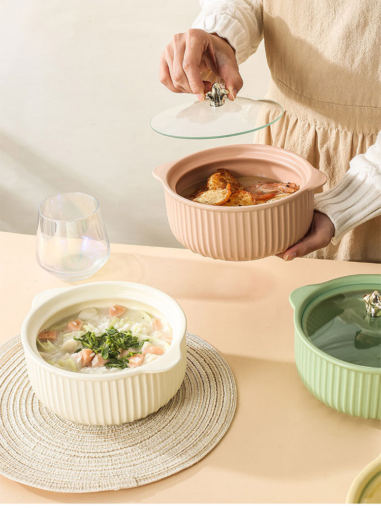 2个 日式双耳陶瓷泡面碗带盖可微波沙拉碗·藕粉色