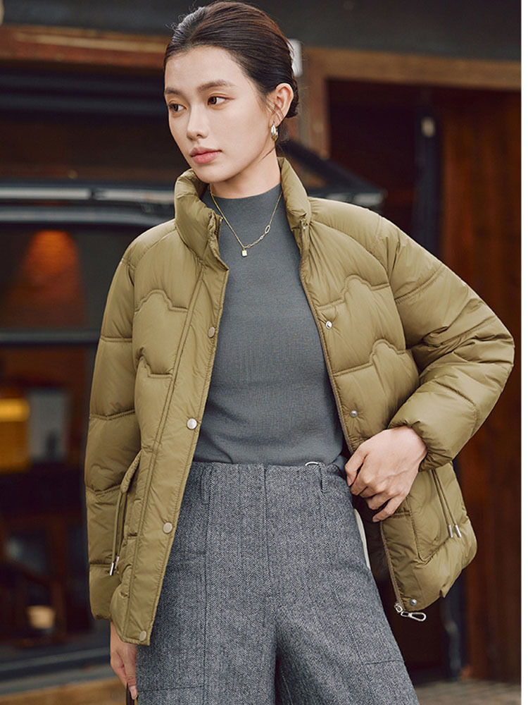 【爆款特价】时尚立领蛋白丝拉链口袋保暖羽绒棉外套·驼色