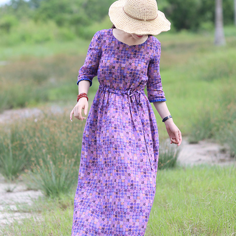 丁摩 新款旅行文艺仙气苎麻印花中长款裙子连衣裙19-QL125·紫色