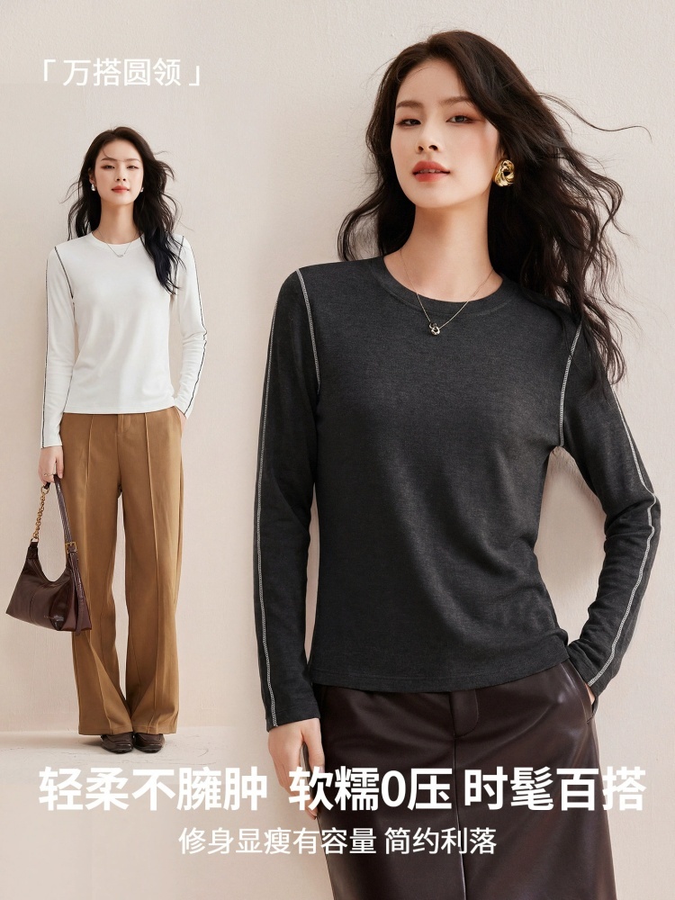 【羊绒触感】修娴慕斯明线撞色线时尚T恤W22·咖啡色