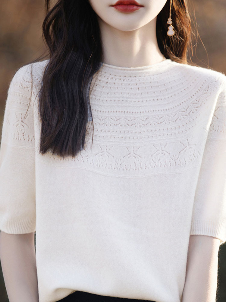 雀说 法式无缝一体五分袖针织衫女钩花中袖毛衣SMY2-272-20·米白色