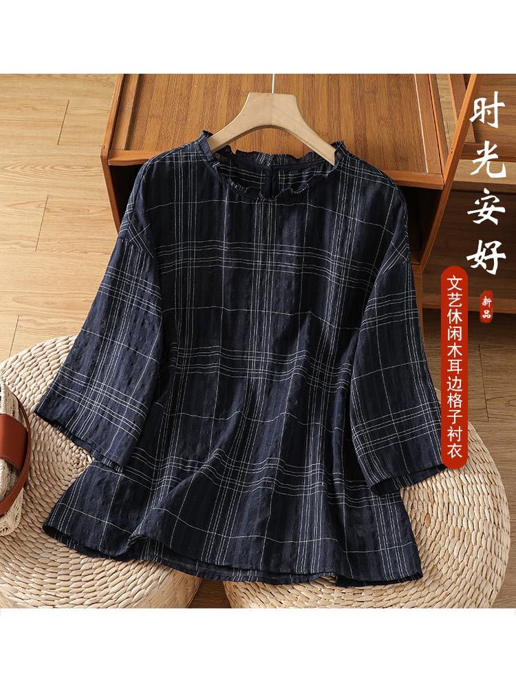 婵阅专柜高货宽松格子棉麻短袖衬衫·C063-6240-灰色