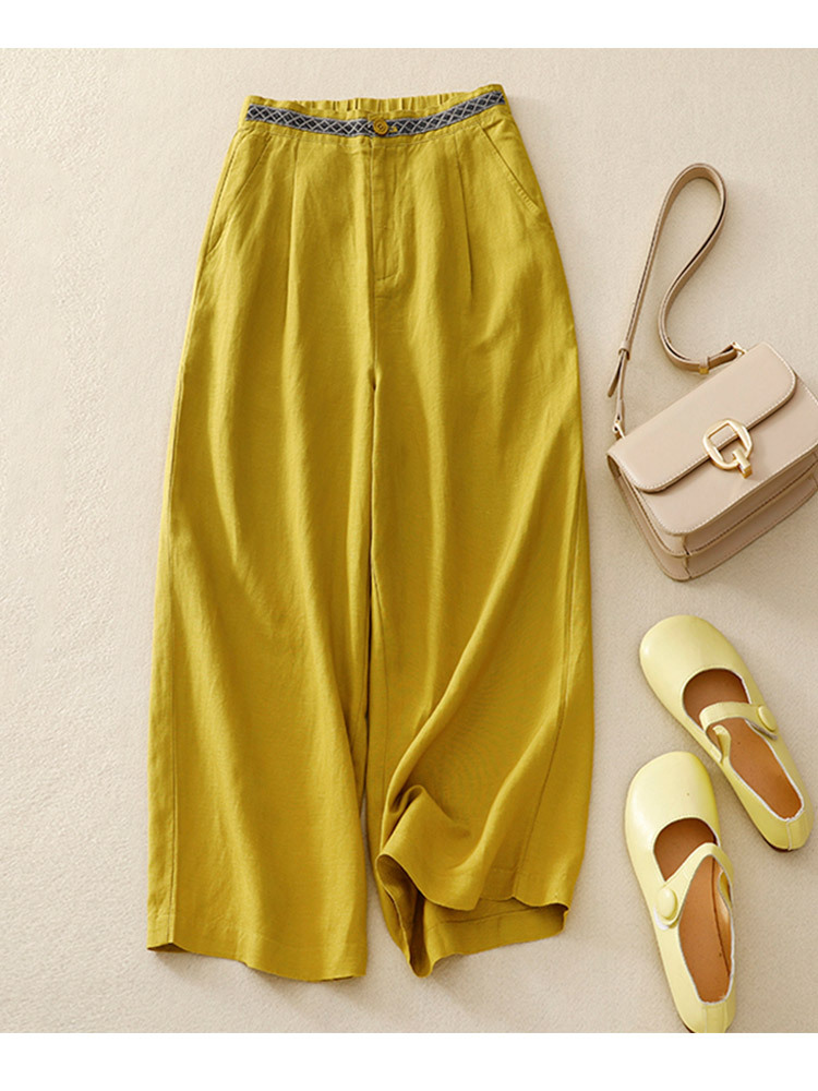 新款棉麻刺绣腰头大码宽松显瘦百搭七分阔腿裤·黄色