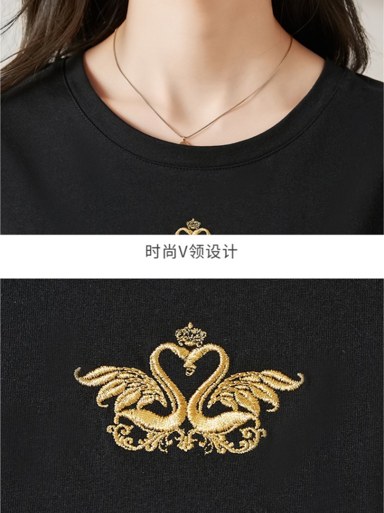 【100棉】轩凌子刺绣五分袖T恤S82420041·黑色