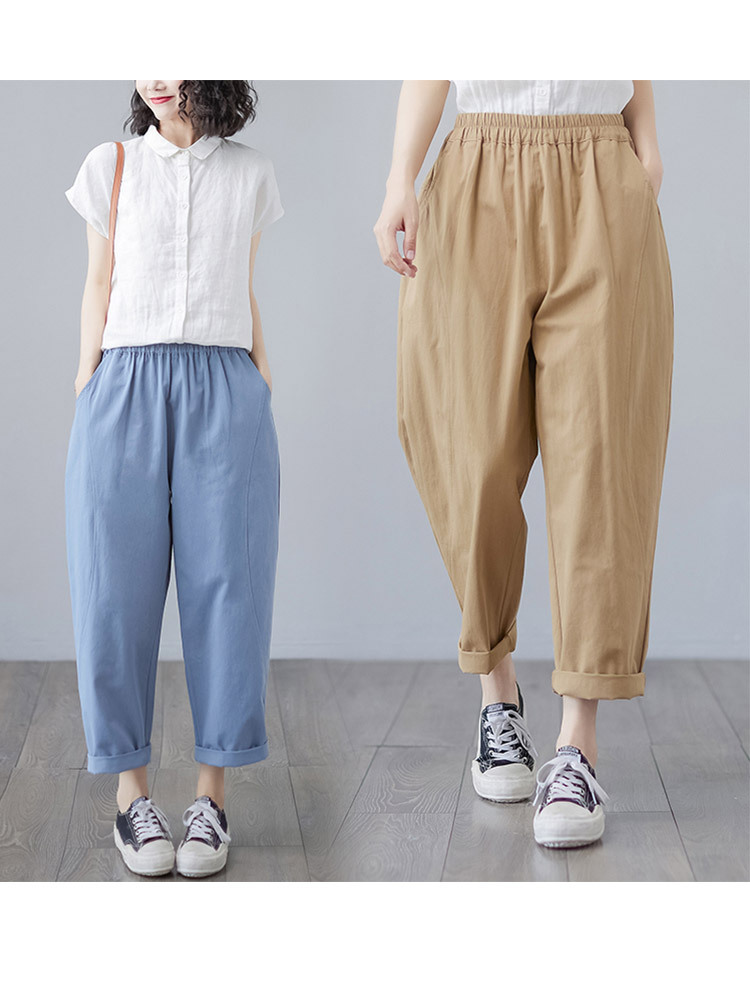 新款纯棉文艺复古高腰阔腿显瘦九分哈伦裤·雾霾蓝