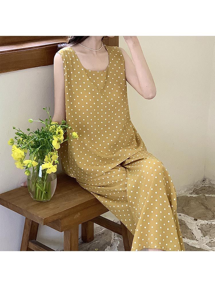 婵阅专柜带胸垫无袖睡衣女夏季薄款波点家居服可外穿大码棉绸套装·8017-卡其兰花