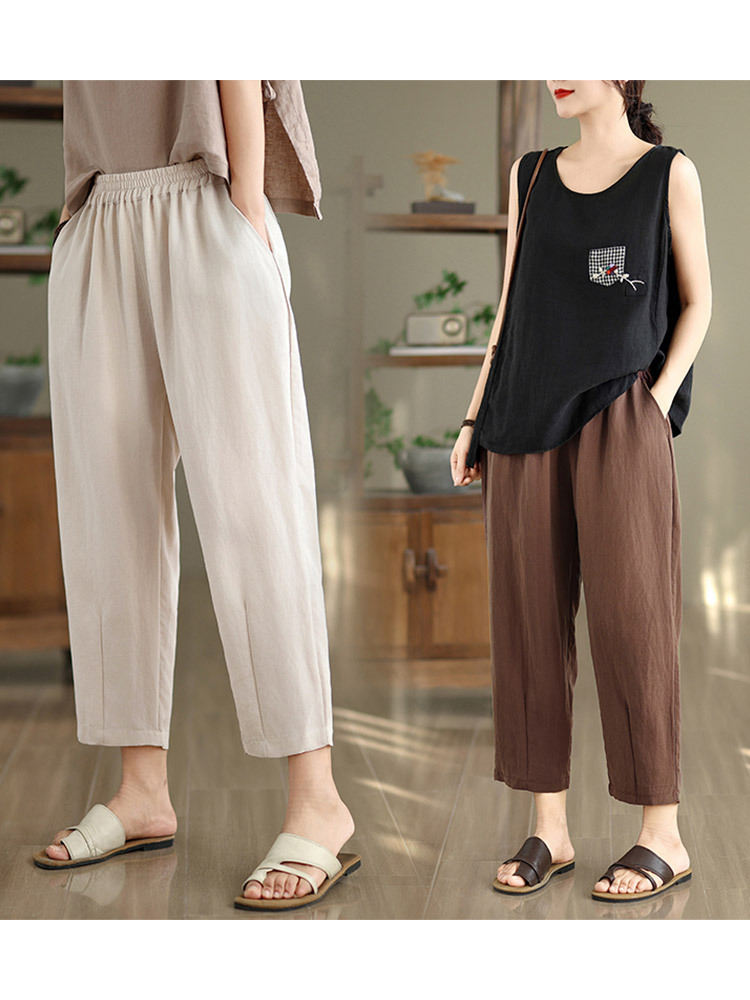 新款时尚透气棉麻松紧高腰百搭七分哈伦裤·咖啡色