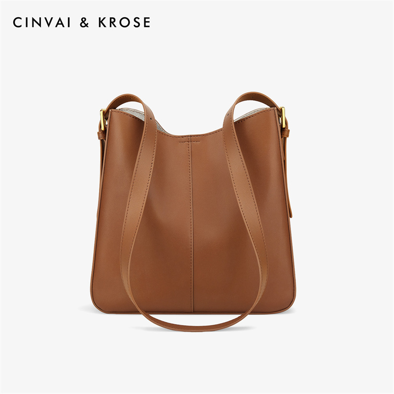 CinvaiKrose 包包女牛皮水桶包斜挎包腋下包女包单肩包B6384·棕色