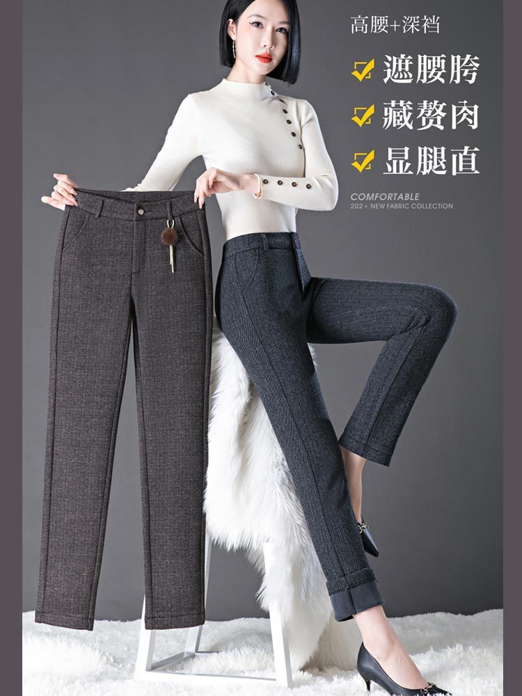 羊毛呢高腰深裆加绒保暖小直筒裤2385#·咖色