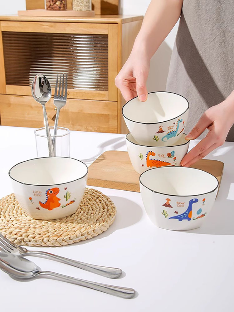 （10只装）中式卡通家用组合陶瓷米饭碗 黄恐龙