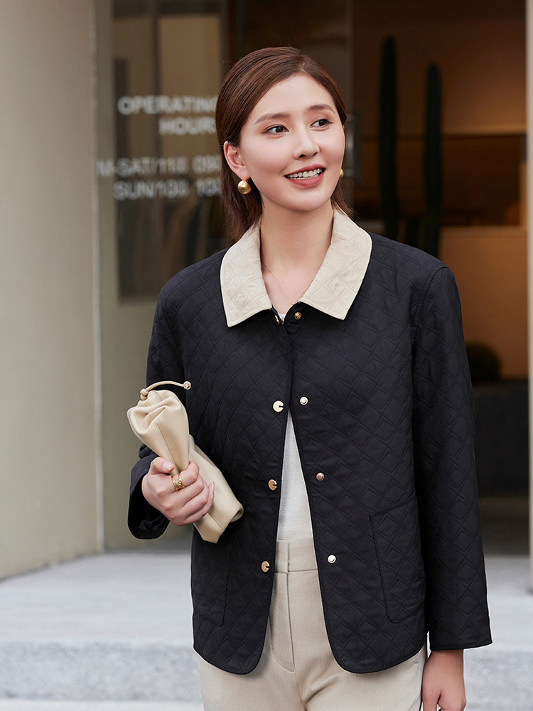 伊俪佳人老钱风翻领绗缝外套·黑色