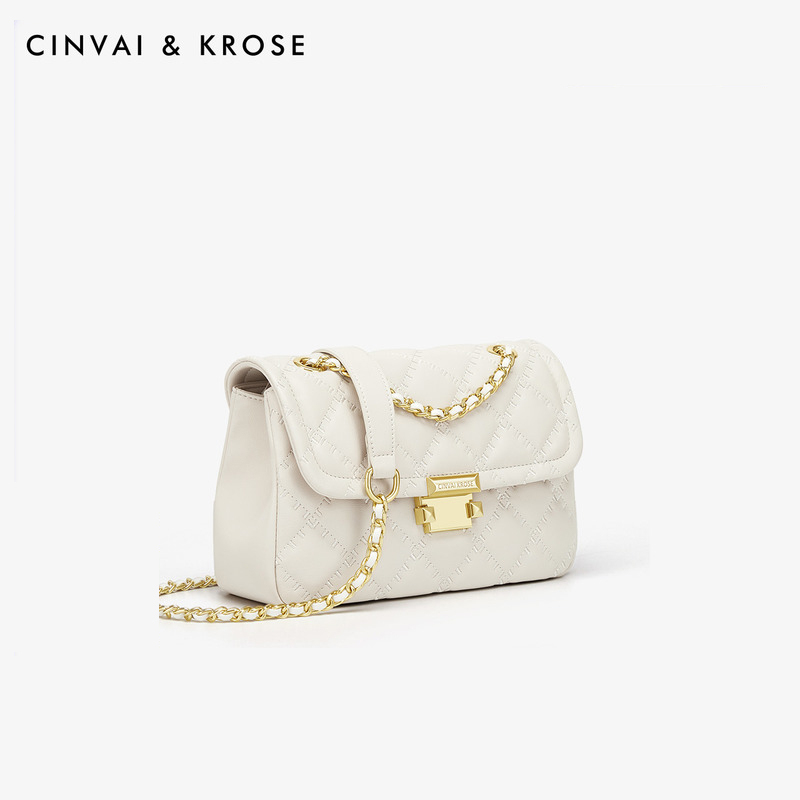 CinvaiKrose 包包女斜挎包真皮单肩大容量链条包女包B6445·米白色