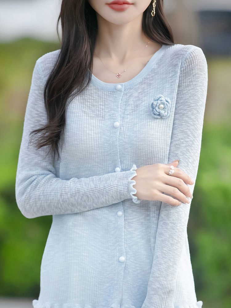 2025夏季新款竹节麻木耳边开衫·天蓝色