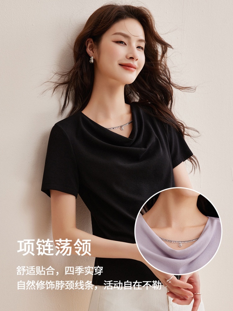 【羊绒触感】修娴高级感荡领修身T恤W34·黑色