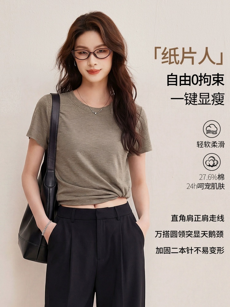 修娴圆领慕斯竹节棉肌理感短袖T恤W56·卡其